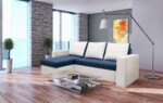 Coltar extensibil Toledo, 226x145x79 cm, 2 lazi depozitare, Reversibil, Alb/Albastru petrolInterval lungime: Peste 200 cm | Tip: Extensibila | Material cadru: Lemn + Pal + MDF | Forma: Coltar | Material tapiterie: Textil; Piele ecologica | Numar locuri: 3 - imagine 2