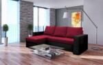 Coltar extensibil Toledo, 226x145x79 cm, 2 lazi depozitare, Reversibil, Rosu/NegruInterval lungime: Peste 200 cm | Tip: Extensibila | Material cadru: Lemn + Pal + MDF | Forma: Coltar | Material tapiterie: Textil; Piele ecologica | Numar locuri: 3